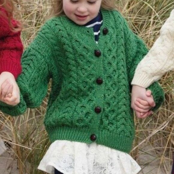 Carraig Donn Cardigan Sweater Green Youth Kids Merino Wool M (5-6 Yrs) Ireland - Picture 1 of 9